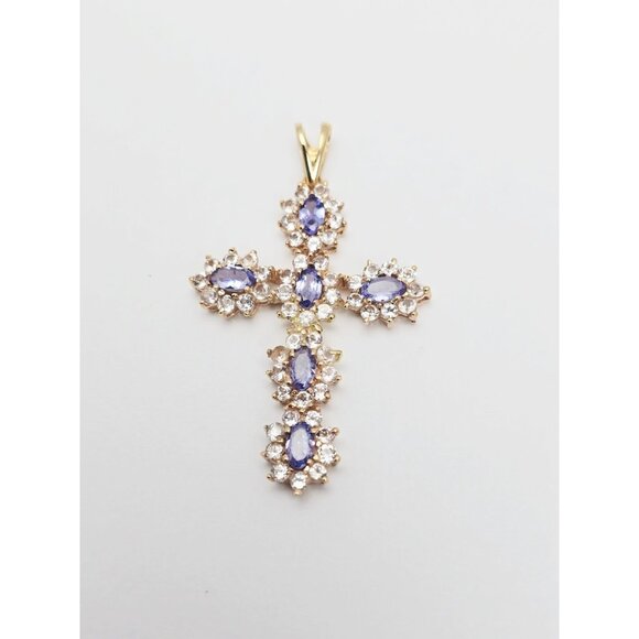 Unique 10K Karat Solid Yellow Gold Religious Tanzanite & CZ Cross Pendant Charm - Picture 4 of 13